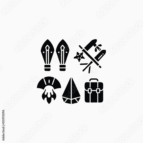 set of stylized black and white military and camp icon