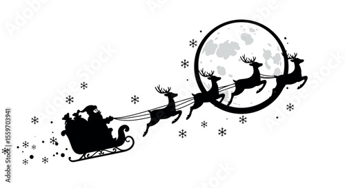 Santa sleigh ride vector illustration for christmas card in black and white silhouette style