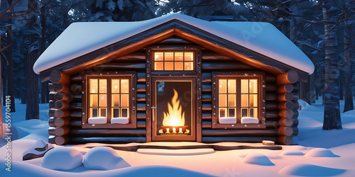 Cozy Log Cabin in Snowy Forest with Glowing Windows and Fireplace

