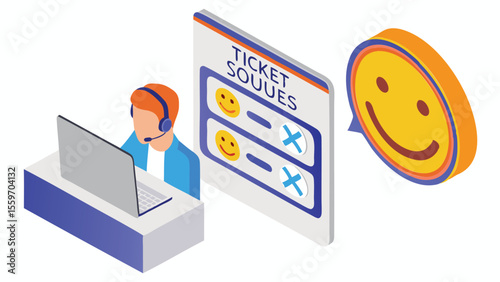 Customer service representative working at a desk with a satisfaction survey and a smiley face icon