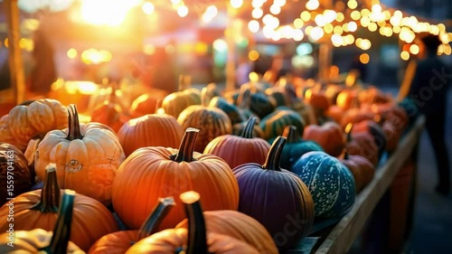 A vibrant display of various pumpkins illuminated by warm light, likely at a market or festival setting.