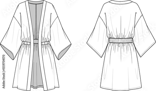 Fashion flat sketch of kimono-style robe with wide sleeves and elastic waist, vector illustration for clothing design and garment template