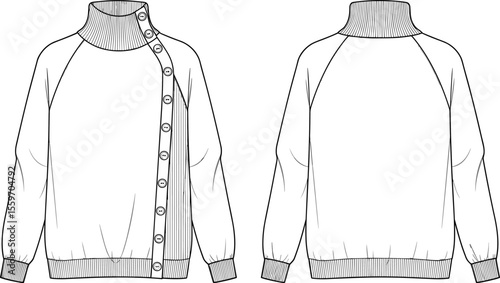 High neck button sweater flat sketch, ribbed collar and hem, front and back view, fashion technical drawing, vector illustration