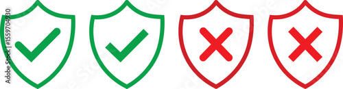 Shield checkmark and cross mark icon set.Safety shield illustration,for apps and websites,quality sign symbol vector,
