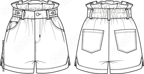 High waist denim paper bag shorts front and back technical flat sketch, fashion vector illustration, summer style, detailed clothing design