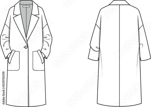 Long oversized coat flat sketch, drop shoulder design, front and back view, large pockets, lapel collar, fashion vector illustration
