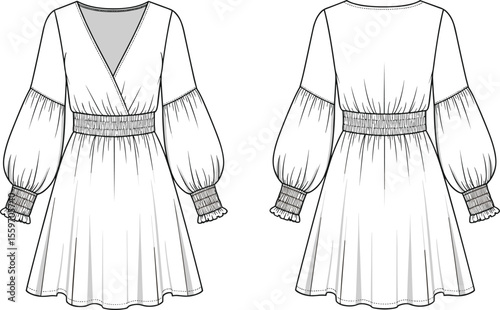 Long sleeve V-neck mini dress fashion flat sketch, puff sleeves, elastic waist and cuffs, front and back, vector illustration