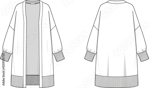 Loose fit long cardigan technical flat sketch, ribbed cuff and hem detail, fashion illustration, front and back view vector template