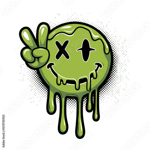 Green Dripping Slime Smiley Face Peace Art, Graffiti-style green slime smiley face with dripping effect, cartoon hand making a peace sign, and bold expressive features for urban designs.

