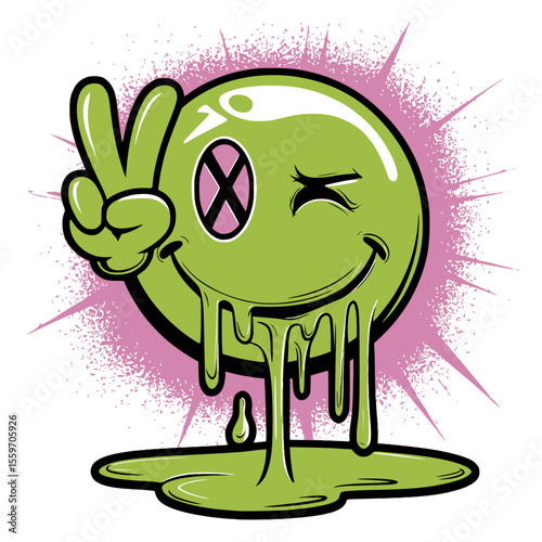Green Dripping Slime Smiley Face Peace Art, Graffiti-style green slime smiley face with dripping effect, cartoon hand making a peace sign, and bold expressive features for urban designs.

