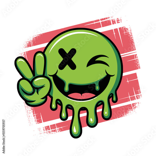 Green Dripping Slime Smiley Face Peace Art, Graffiti-style green slime smiley face with dripping effect, cartoon hand making a peace sign, and bold expressive features for urban designs.

