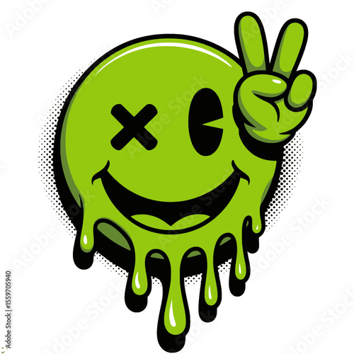 Green Dripping Slime Smiley Face Peace Art, Graffiti-style green slime smiley face with dripping effect, cartoon hand making a peace sign, and bold expressive features for urban designs.

