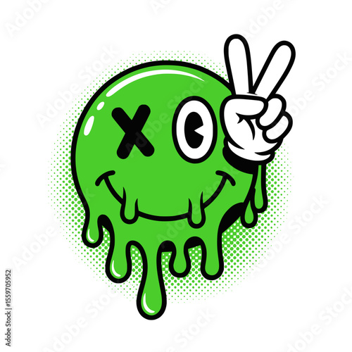 Green Dripping Slime Smiley Face Peace Art, Graffiti-style green slime smiley face with dripping effect, cartoon hand making a peace sign, and bold expressive features for urban designs.


