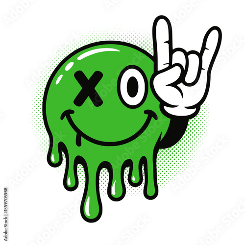 Green Slime Smiley Face Rock Hand Graffiti, Edgy green dripping slime smiley face cartoon with a hand making the rock and roll gesture, perfect for street and music designs.

