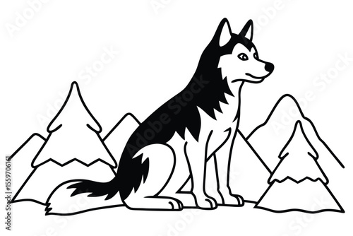 Vector illustration of a cute cartoon dog or wolf, a black and white isolated sitting canine mammal