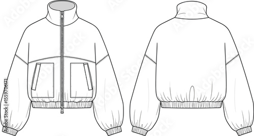 Technical fashion flat sketch of bomber jacket, front and back view, ribbed hem, vector illustration, zipper, pockets, outerwear design