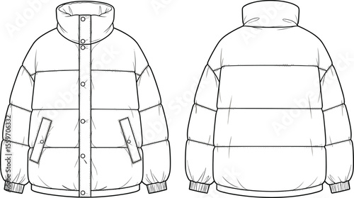 Puffer jacket flat sketch with front and back view, high collar, side pockets, winter outerwear vector template, fashion design illustration