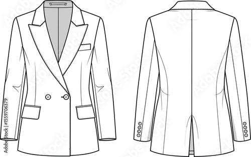 Tailored women’s blazer flat sketch, double breasted jacket, front and back view, technical drawing, vector fashion design template