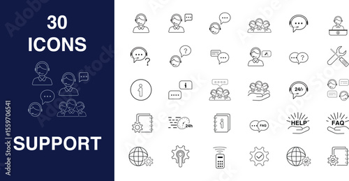30 Essential Support Icons: Versatile Design Elements,  icons are simple, black line suitable for various applications, each representing a distinct support-related concept.