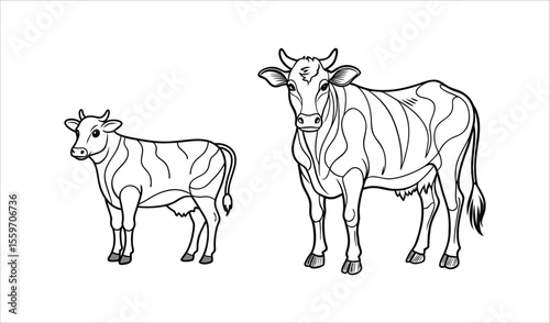 Line art illustration of cow and calf