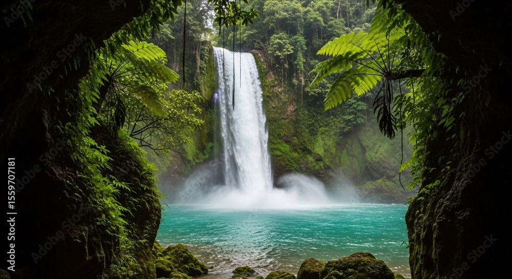 Fototapeta premium View of a waterfall cascading into a turquoise pool surrounded by lush green vegetation and rock formations