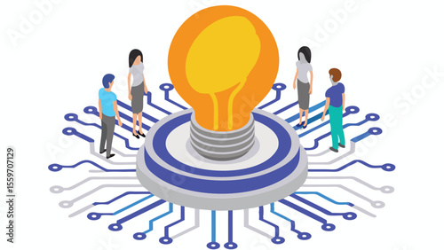 Isometric view of people standing around a lightbulb on a platform with circuit board design around it