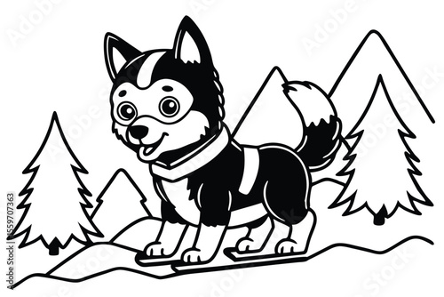 A cute vector cartoon illustration of a black and white dog and cat character head