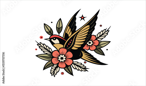 Traditional tattoo style bird with flowers