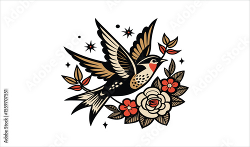 Traditional tattoo style swallow bird with flowers