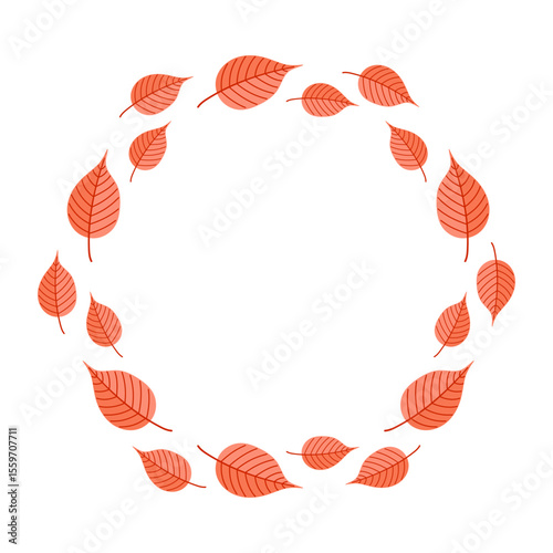 Decorative round frame made of orange-red fall leaves