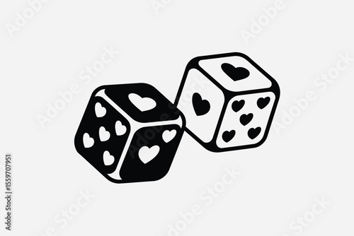 Two dice with heart shapes instead of dots black and white