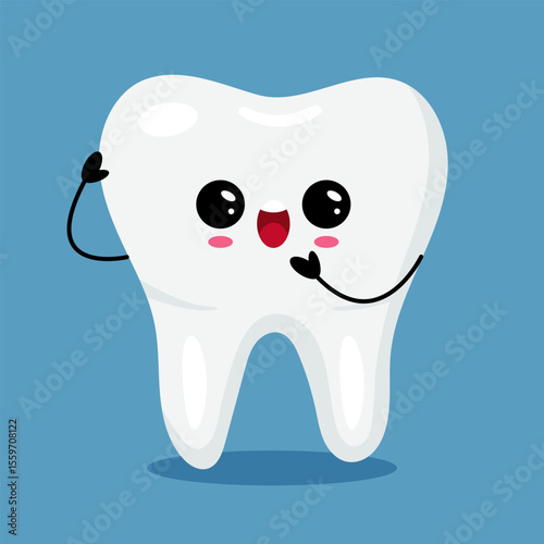 Smiling and waving kawaii tooth on blue background