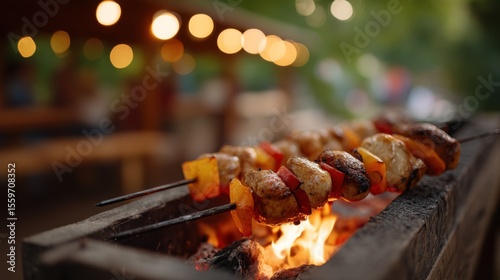 Juicy Skewers Roasting Over Bright Orange Flames Outdoors
