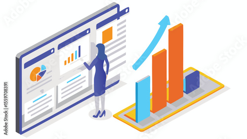 Isometric illustration of a woman analyzing data charts and graphs on a digital interface
