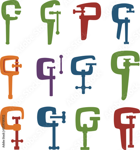 Colorful C-Clamp Vector Illustration Set. Essential Workshop, Woodworking, and Metalworking Tools. Versatile Clamping Equipment for DIY & Craft Projects.