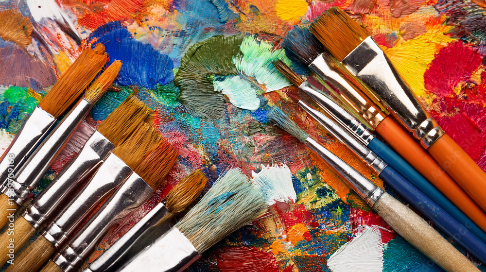 Obraz premium Flat Lay: Artist's Paint Brushes and Vibrant Paint Swatches