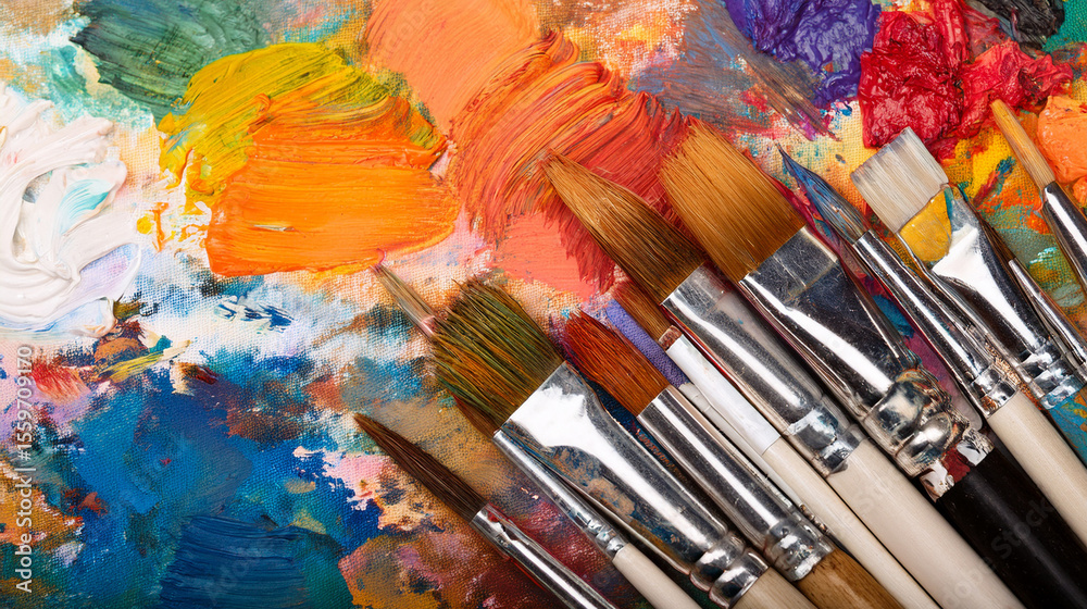 Fototapeta premium Flat Lay: Artist's Paint Brushes and Vibrant Paint Swatches 