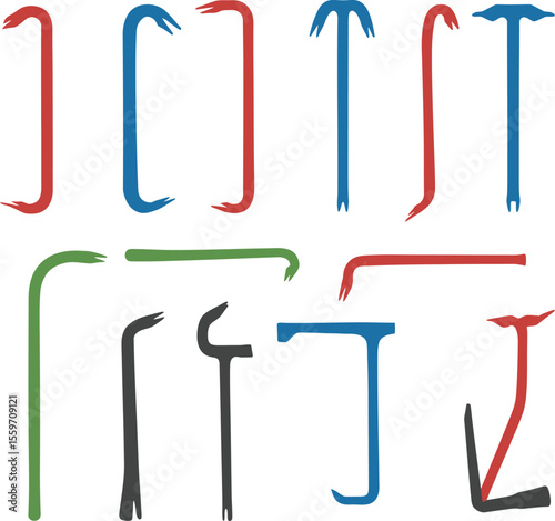 Colorful Crowbar & Pry Bar Vector Illustration Set. Essential Demolition, Construction, and Salvage Tools for Home Improvement and DIY Projects. Leverage Instruments.