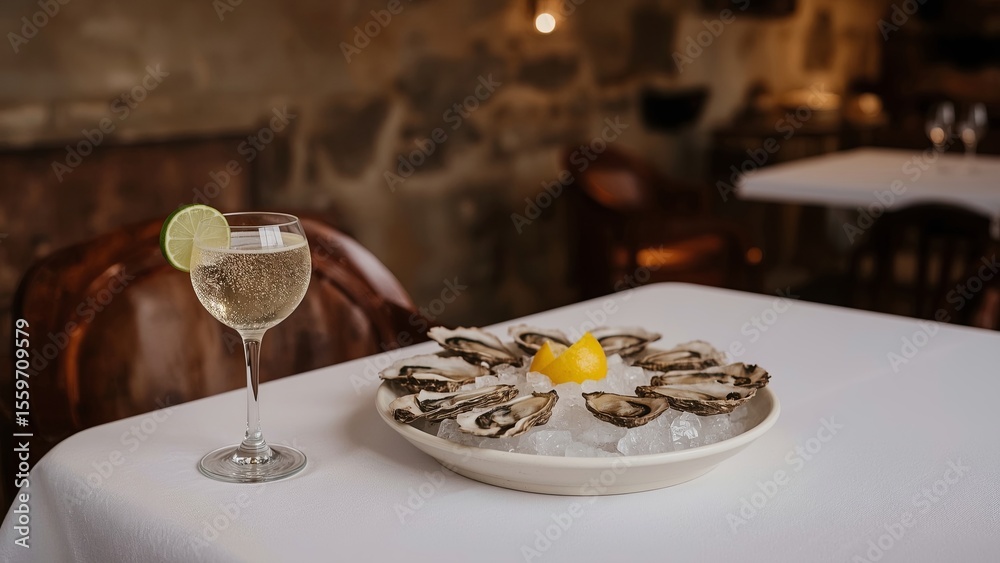 Naklejka premium Elegant glass of white wine paired with a refined mouthpiece appetizer served on a plate, placed on a restaurant table, capturing a sophisticated dining experience and upscale culinary presentation