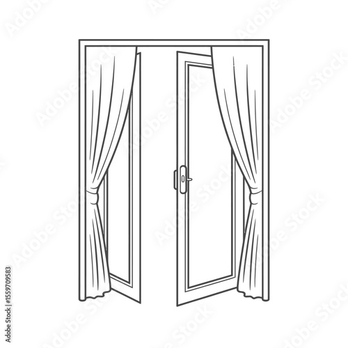 Open Door with Curtains Minimalist Line Art Illustration