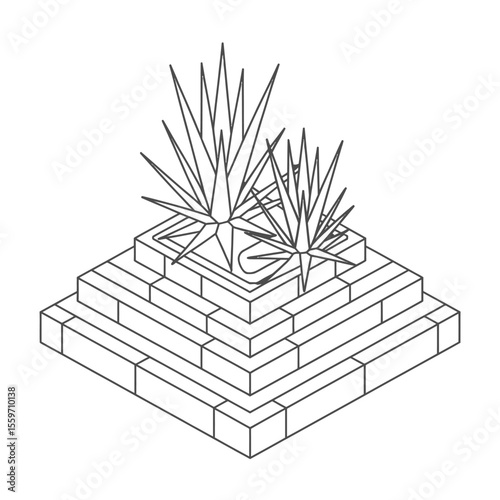 Isometric Line Art Succulents on a Stepped Brick Platform