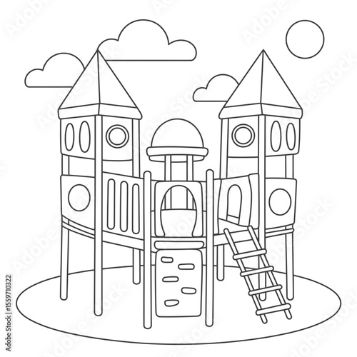 Playground Coloring Page with Towers Ladder and Climbing Wall