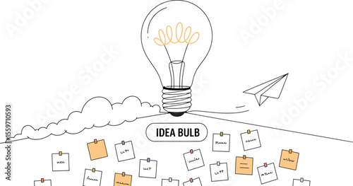 a light bulb with an orange glow, labeled "IDEA BULB," a hill covered with sticky notes, a foundation of ideas. A paper airplane flies, and clouds are sketched, whimsical and creative scene