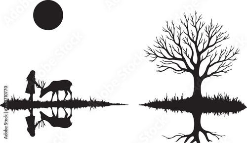 Serene Moonlit Landscape with Woman, Deer, and Reflecting Tree Silhouette