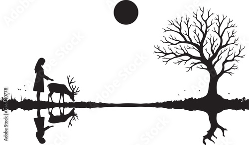 Serene Moonlit Landscape with Woman, Deer, and Reflecting Tree Silhouette