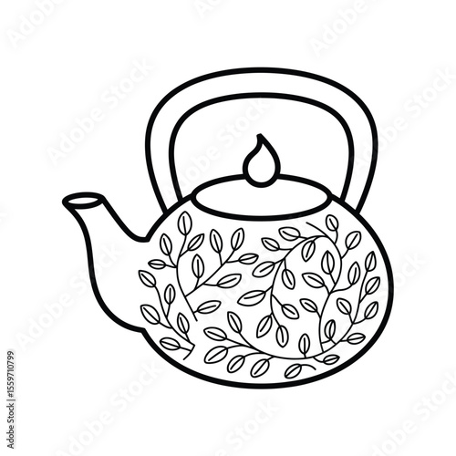Outline illustration of a teapot with leaf design on white background