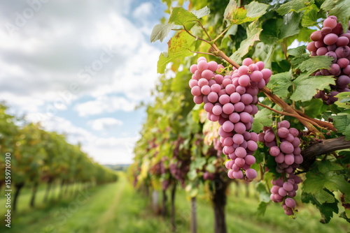 Wallpaper Mural Bunches of pink grapes hanging from vine in vineyard under blue sky Torontodigital.ca