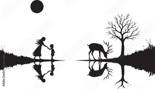 Serene Moonlit Landscape with Woman, Deer, and Reflecting Tree Silhouette