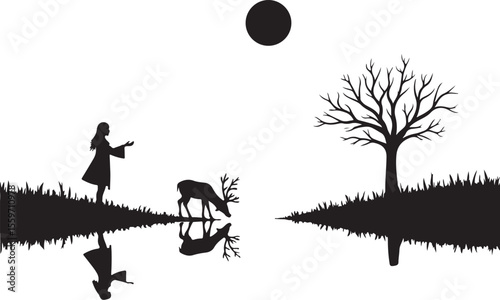 Serene Moonlit Landscape with Woman, Deer, and Reflecting Tree Silhouette