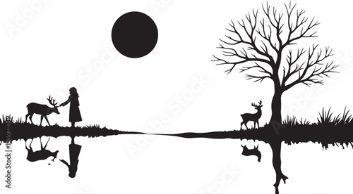 Serene Moonlit Landscape with Woman, Deer, and Reflecting Tree Silhouette
